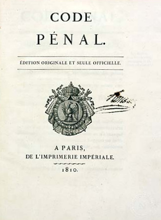 Het voorblad van de oorspronkelijke Franse Code Pénal uit 1810. A Paris De L'Imprimerie Impériale.